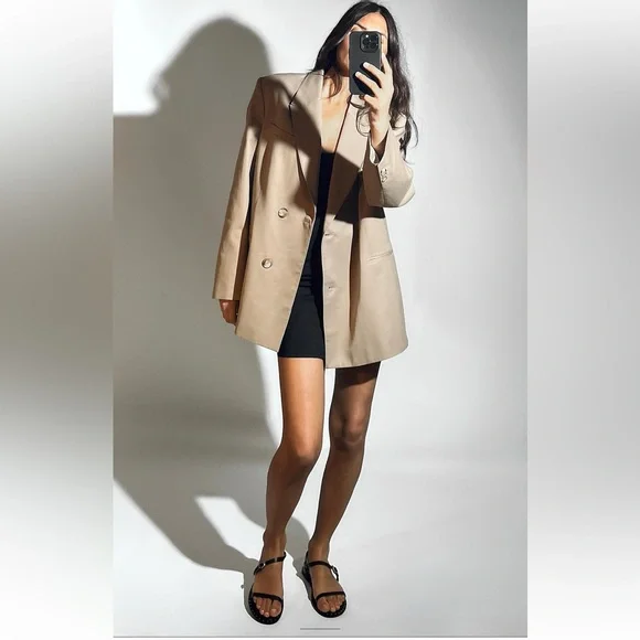 Zara Oversized Blazer Coat Taupe Brown Tan Camel Neutral double breast XS NWT - Picture 3 of 16